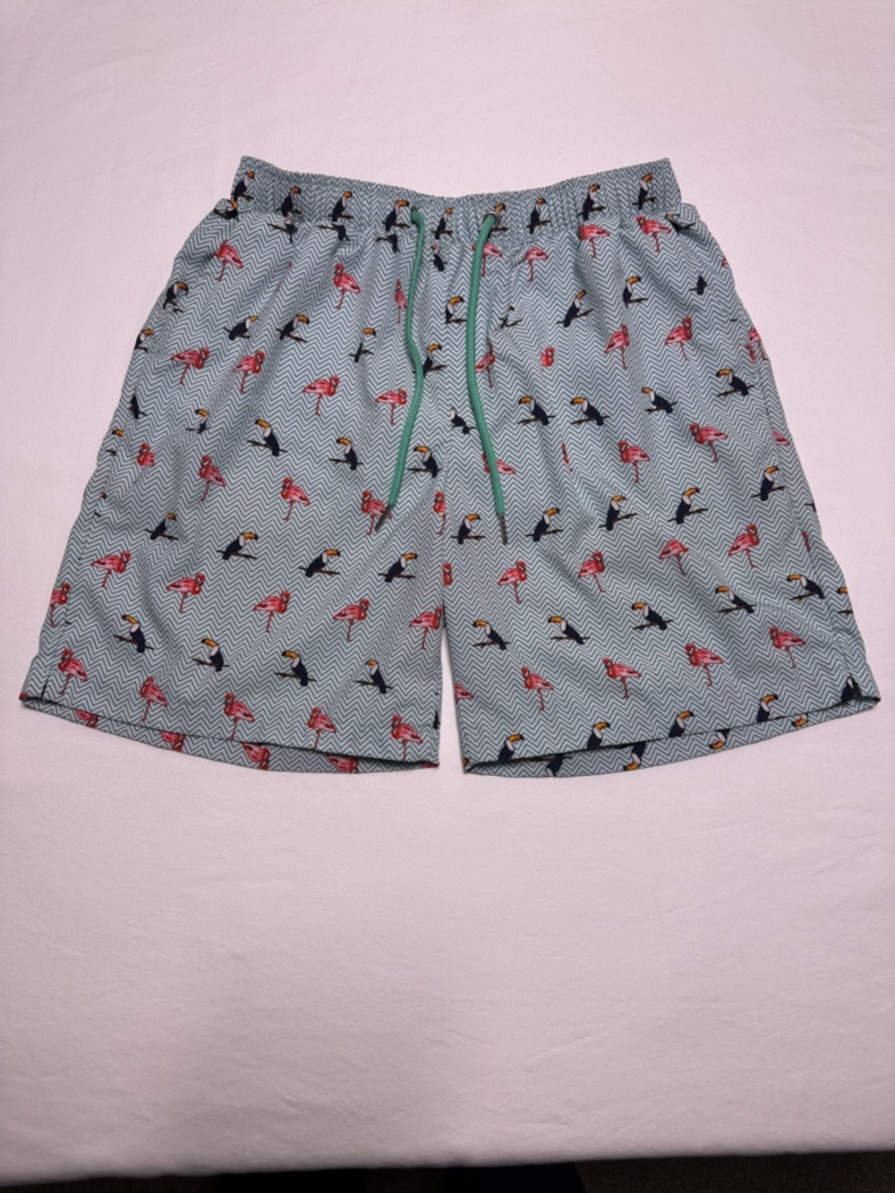 Mosmann Aquamarine Chevron Swim Shorts with Tropical birds